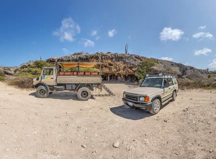 Safari truck en terreinwagen naast elkaar geparkeerd