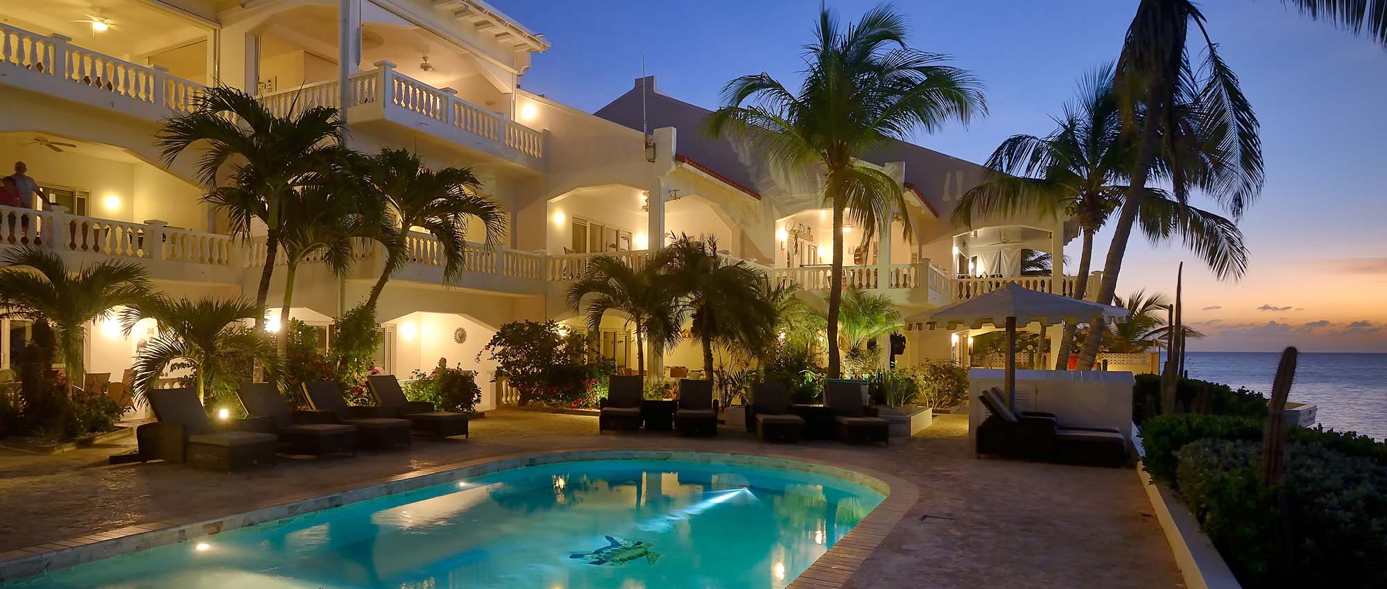 Outdoor pool area with ocean view and palm trees