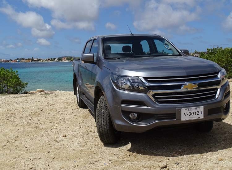 A dark grey pickup truck parked by the ocean