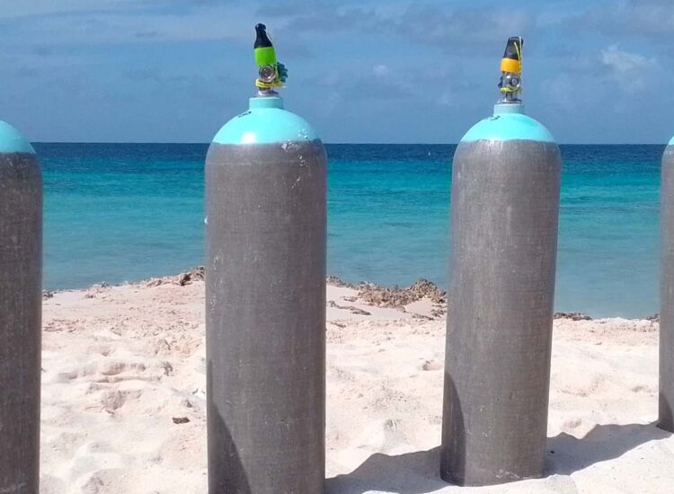 Four oxygen tanks on the sand by the ocean