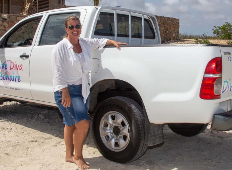 Vrouw poseert naast een witte pick-up truck