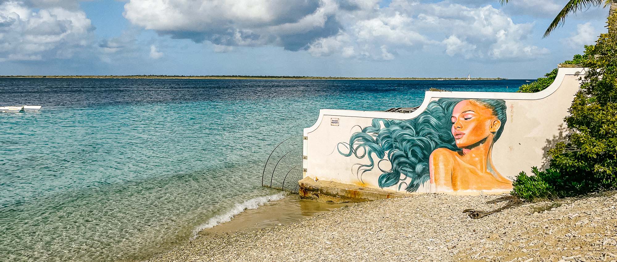 Mural of a woman with blue hair next to the shore