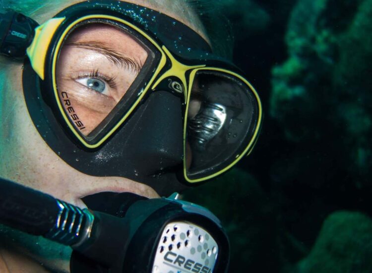 Close-up opname van een duiker onderwater