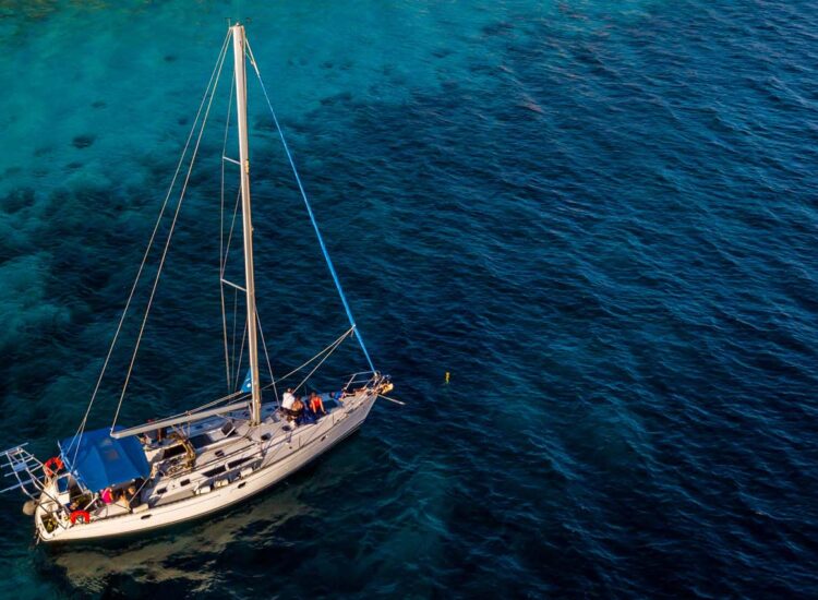 Aerial shot of a sailboat in the water